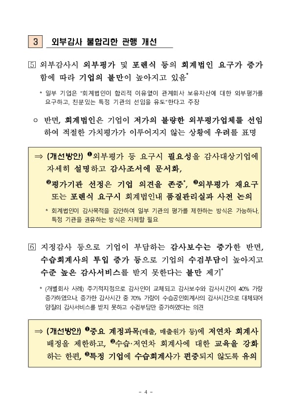 금감원과 4대 대형회계법인은 외부감사 관련 기업부담 완화를 위해 불합리한 관행을 개선하겠습니다. 이미지 4