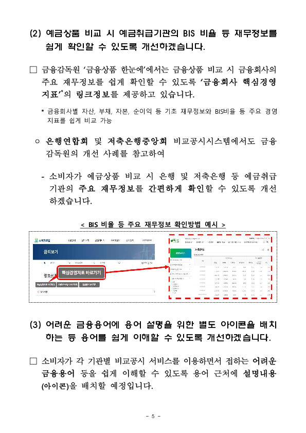 소비자의 의견을 반영하여 금융감독원 및 7개 금융협회의 금융상품 비교공시시스템을 대폭 개선하겠습니다. 이미지 5