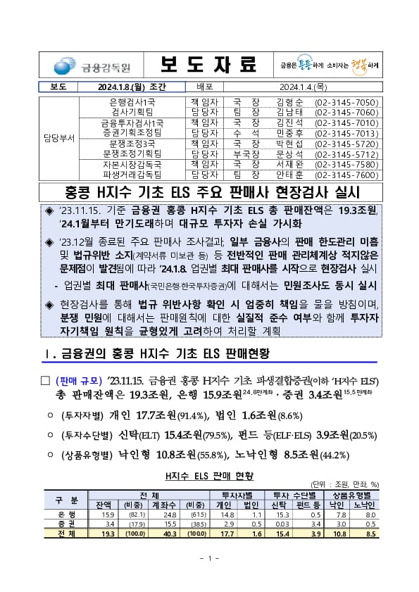 홍콩 H지수 기초 ELS 주요 판매사 현장검사 실시 이미지 1