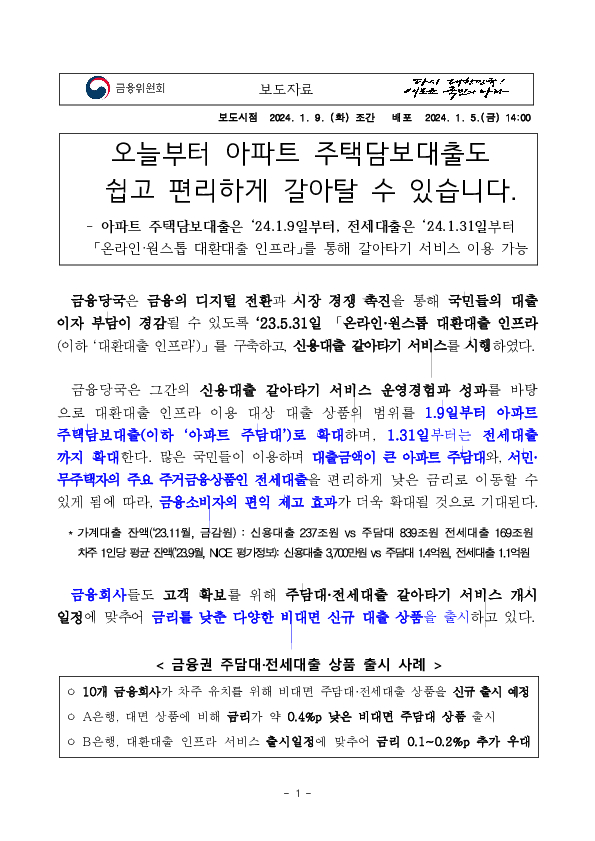 오늘부터 아파트 주택담보대출도 쉽고 편리하게 갈아탈 수 있습니다 이미지 1