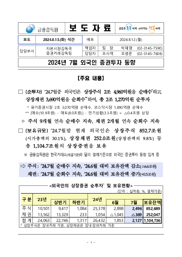 2024년 7월 외국인 증권투자 동향 PC 본문 이미지 1