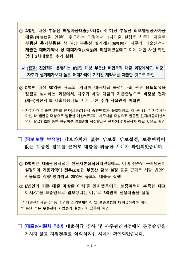 은행 대출취급 적정성 관련 수시검사결과(잠정) 이미지 3