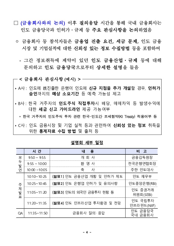 금융감독원, 주한 인도대사관, 금융협회와 '금융회사 인도 진출설명회' 개최 이미지 4