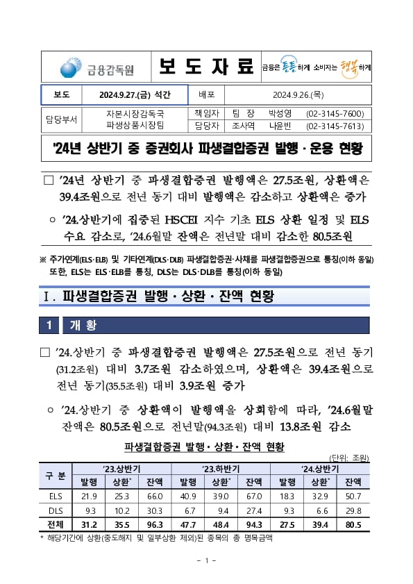 '24년 상반기 중 증권회사 파생결합증권 발행 운용 현황 PC 본문 이미지 1