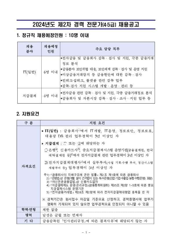 금융감독원, 전자금융업 감독 강화를 위한 경력 전문가 채용 PC 본문 이미지 1