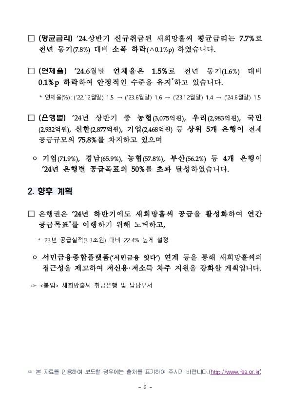 저신용,저소득 차주를 위한 ’24년 상반기 새희망홀씨 공급실적 이미지 2