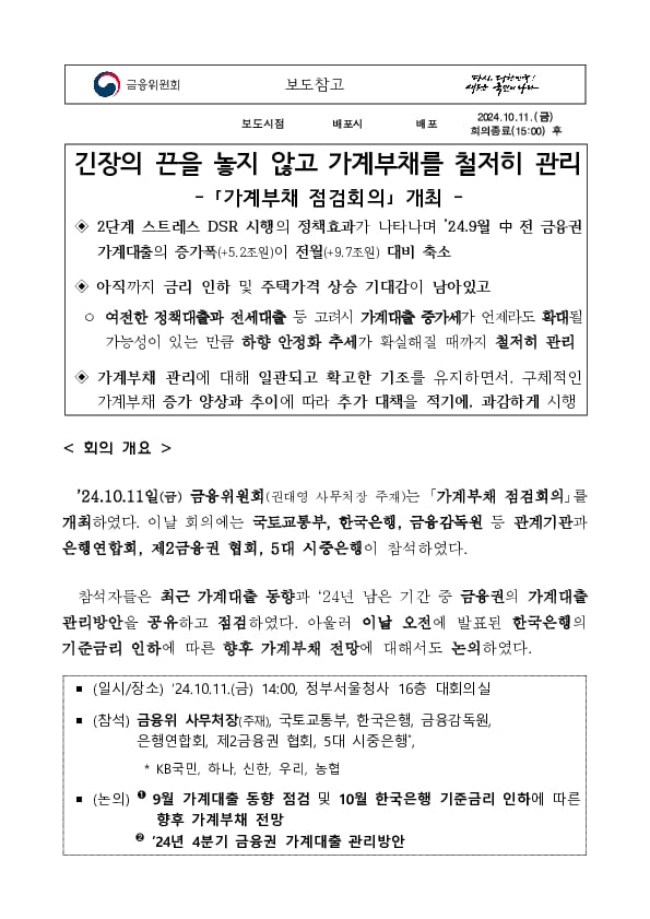 긴장의 끈을 놓지 않고 가계부채를 철저히 관리 '가계부채 점검회의' 개최 이미지 1