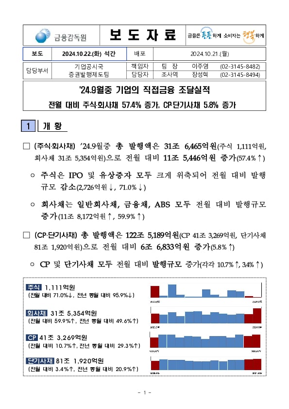 '24.9월중 기업의 직접금융 조달실적 이미지 1