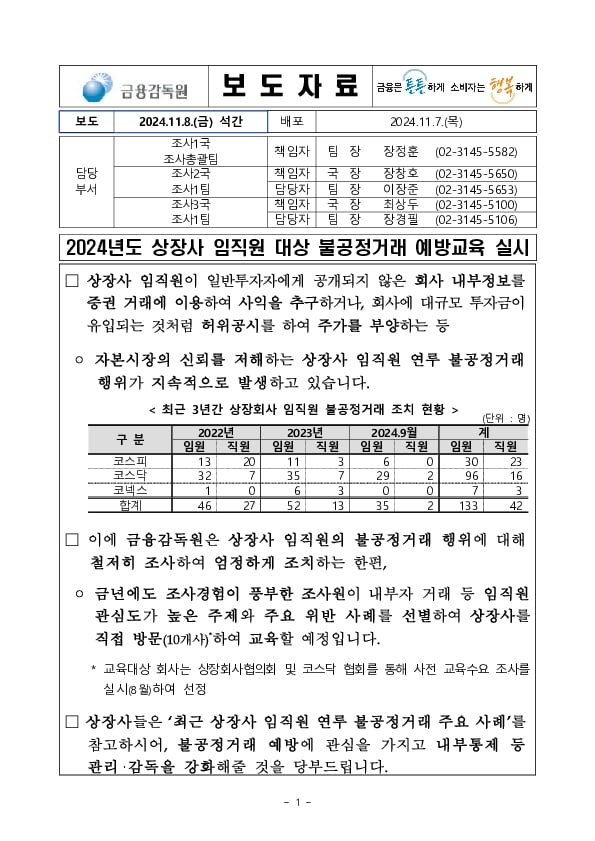 2024년도 상장사 임직원 대상 불공정거래 예방교육 실시 PC 본문 이미지 1