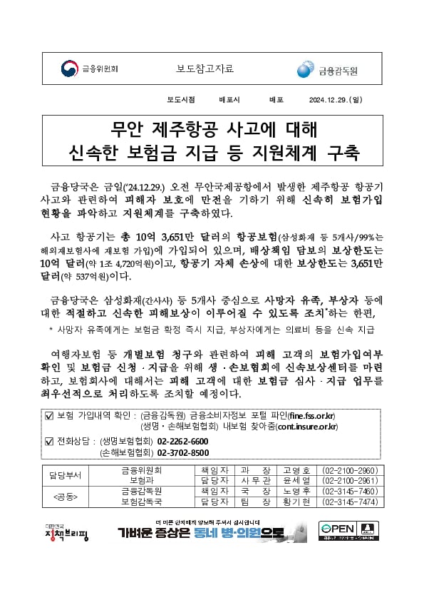 무안 제주항공 사고에 대해 신속한 보험금 지급 등 지원체계 구축 PC 본문 이미지 1