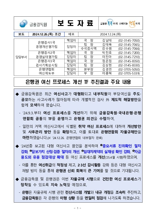 은행권 여신 프로세스 개선 TF 추진결과 주요 내용 PC 본문 이미지 1