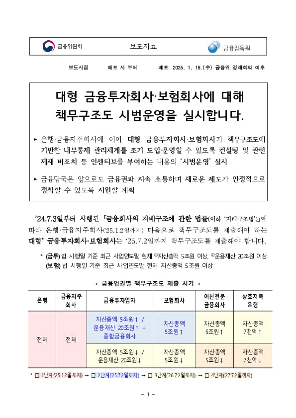 대형 금융투자회사,보험회사에 대해 책무구조도 시범운영을 실시합니다. PC 본문 이미지 1