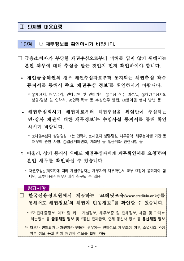 불법,부당 채권추심을 받지 않도록 채권추심 단계별 금융소비자의 단계별 대응요령을 안내합니다. PC 본문 이미지 2