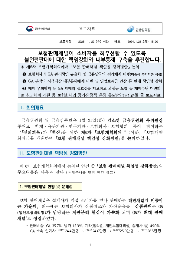 보험판매채널이 소비자를 최우선할 수 있도록 불완전판매에 대한 책임강화와 내부통제 구축을 추진합니다. 이미지 1