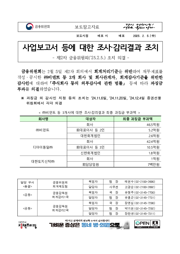 사업보고서 등에 대한 조사,감리결과 조치 - 제2차 금융위원회(‘25.2.5.) 조치 의결 - PC 본문 이미지 1