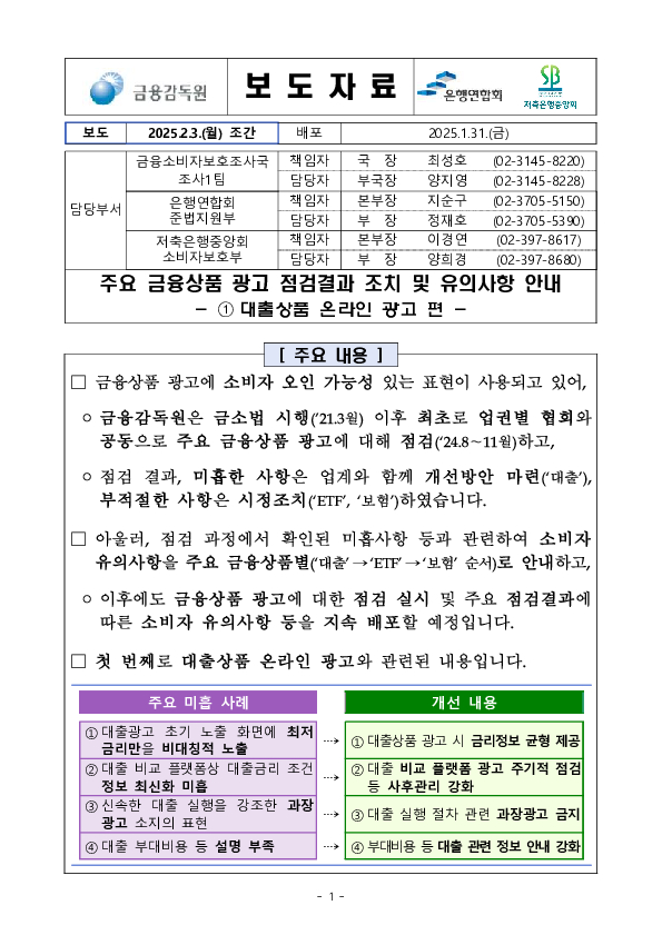 주요 금융상품 광고 점검결과 조치 및 유의사항 안내(대출상품 온라인 광고편) 이미지 1