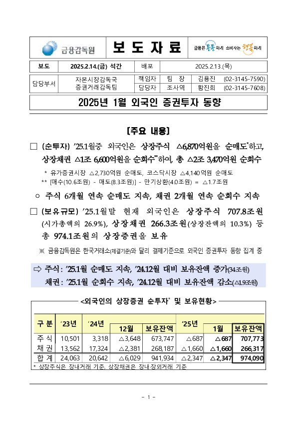 2025년 1월 외국인 증권투자 동향 PC 본문 이미지 1