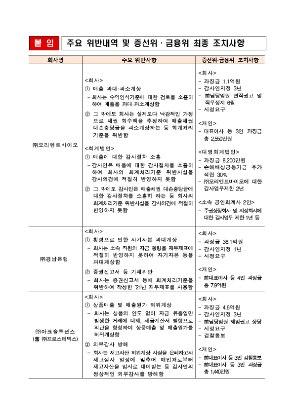 사업보고서 등에 대한 조사,감리결과 조치 - 제3차 금융위원회(‘25.2.19.) 조치 의결 - PC 본문 이미지 2