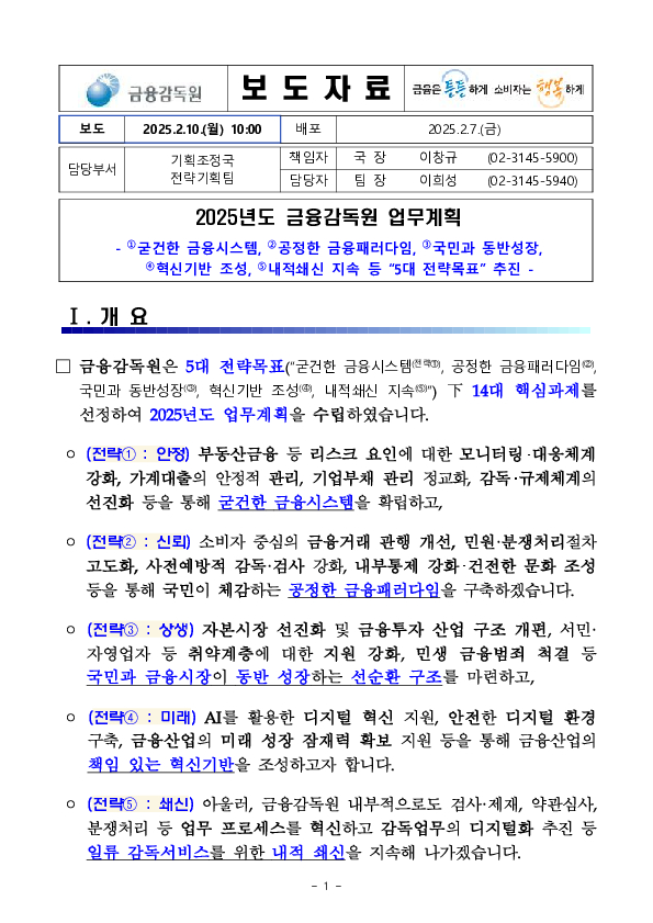 2025년도 금융감독원 업무계획 PC 본문 이미지 1