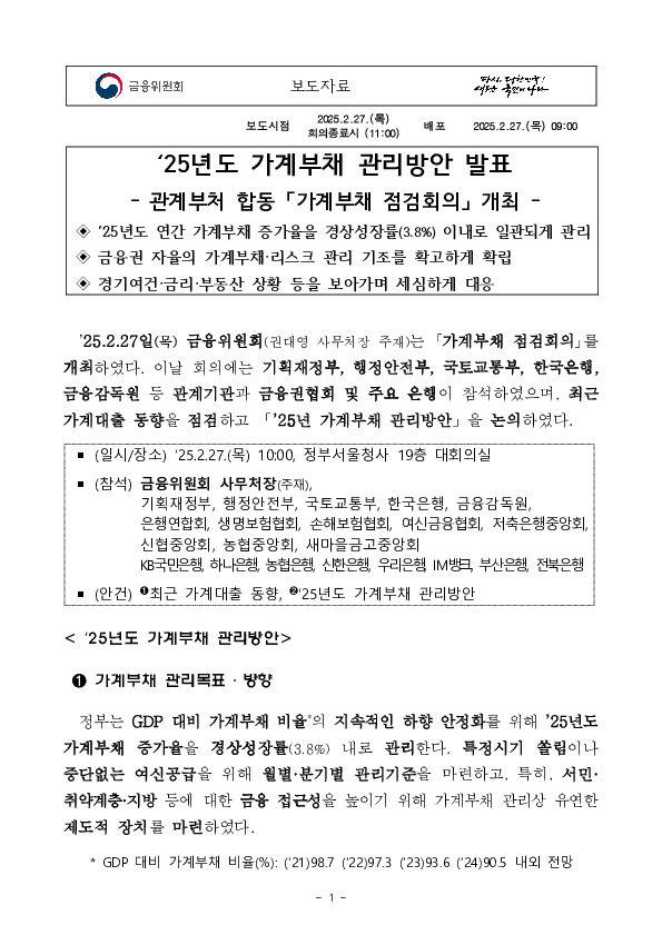 ‘25년도 가계부채 관리방안 발표 - 관계부처 합동 「가계부채 점검회의」 개최 - PC 본문 이미지 1