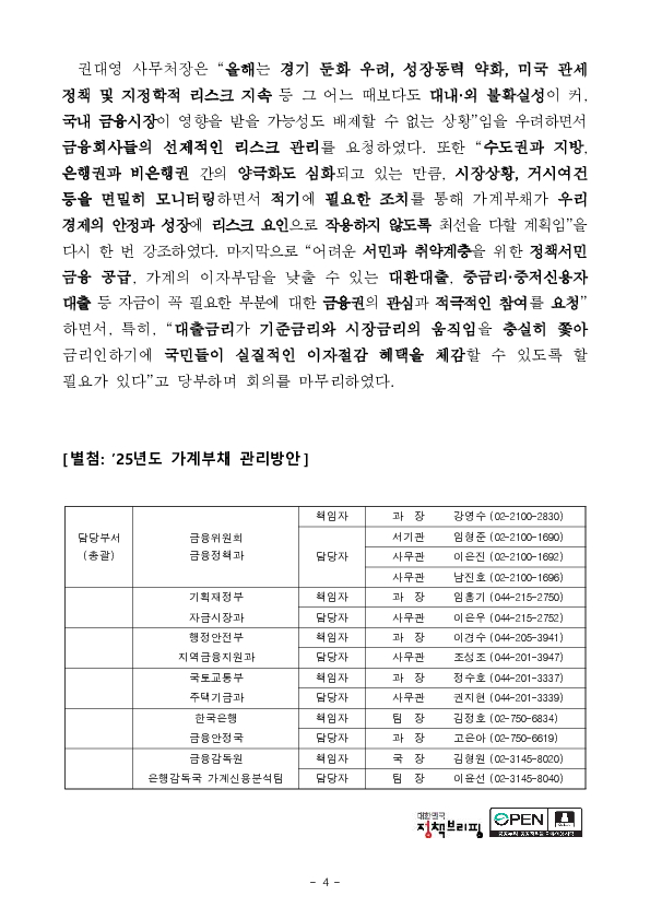 ‘25년도 가계부채 관리방안 발표 - 관계부처 합동 「가계부채 점검회의」 개최 - 이미지 4