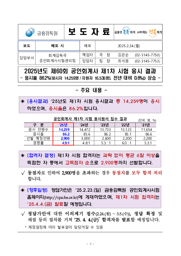 2025년도 제60회 공인회계사 제1차 시험 응시 결과 PC 본문 이미지 1