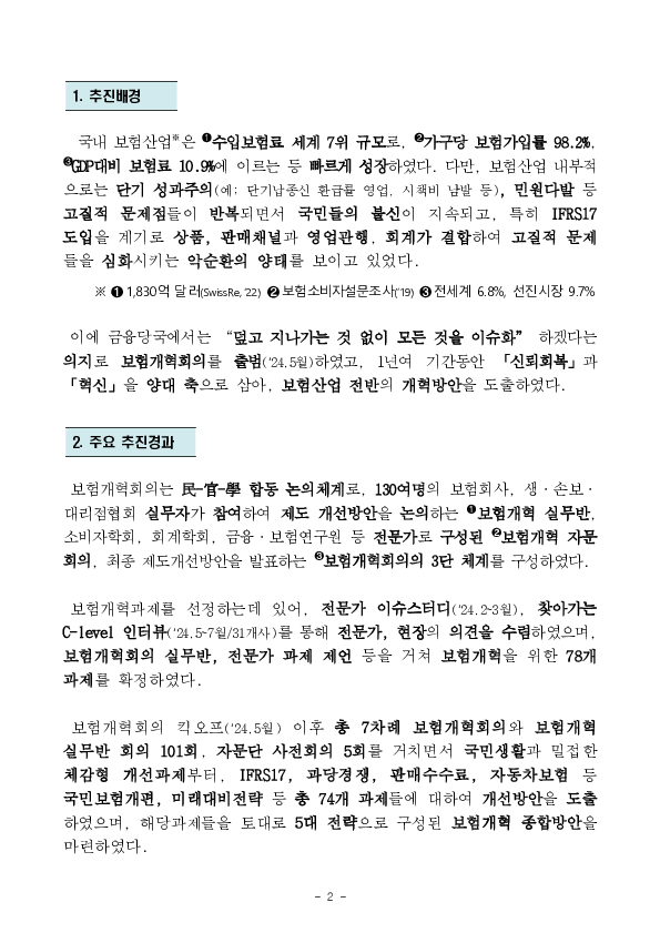 보험산업이 국민의 든든한 동반자로 발돋움 할 수 있도록 보험개혁종합방안(5대 전략, 74개 과제)을 추진합니다 PC 본문 이미지 2