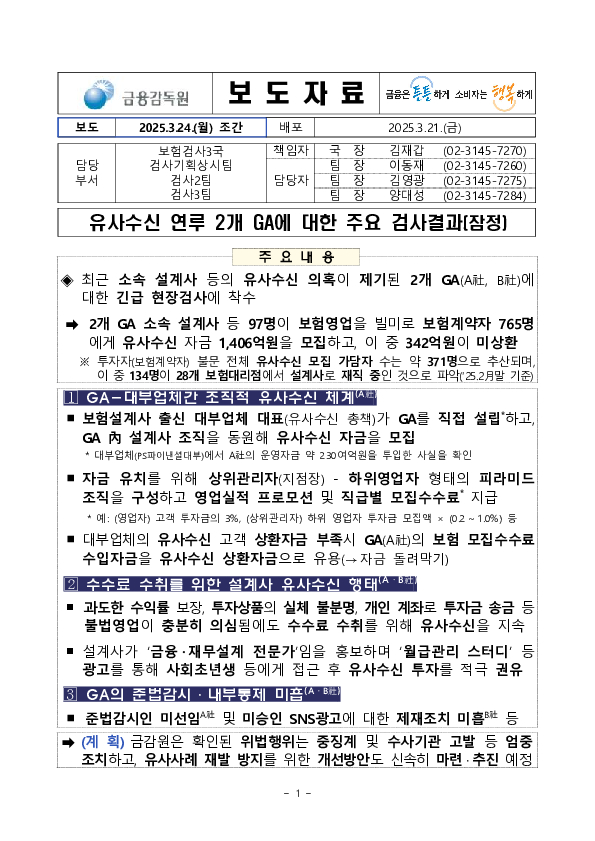 유사수신 연루 2개 GA에 대한 주요 검사결과(잠정) PC 본문 이미지 1