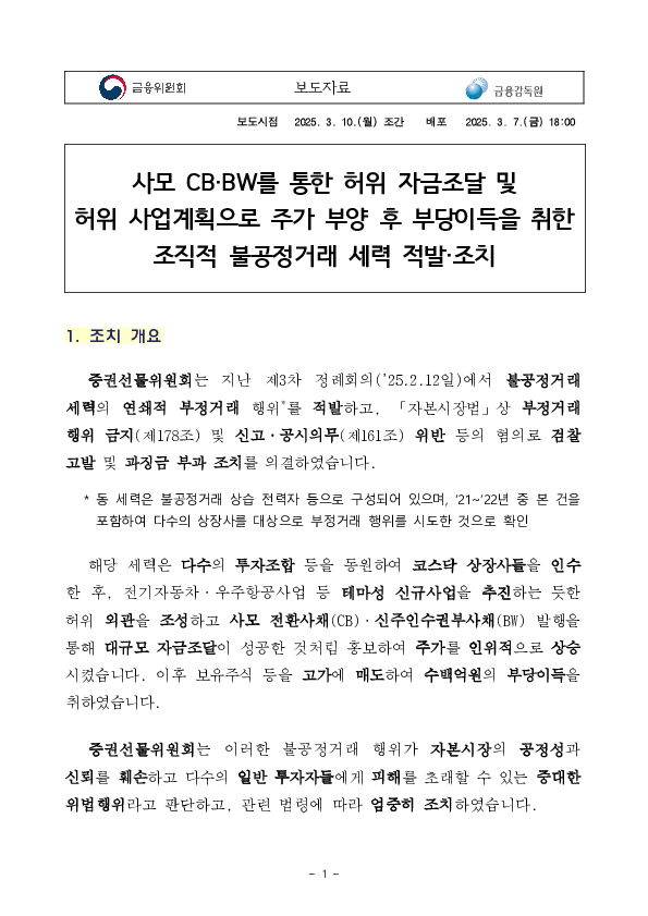 사모 CB,BW를 통한 허위 자금조달 및 허위 사업계획으로 주가 부양 후 부당이득을 취한 조직적 불공정거래 세력 적발,조치 이미지 1