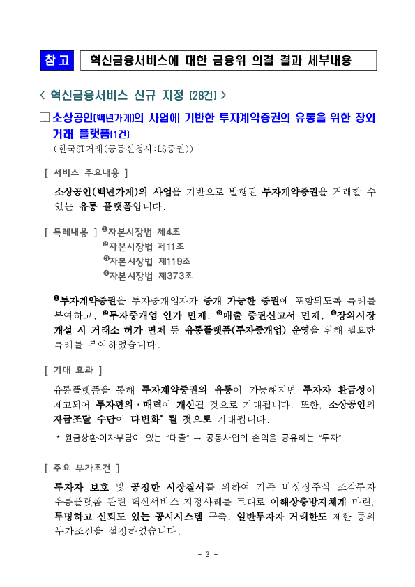 소상공인 사업 기반 투자계약증권 유통플랫폼 등 혁신금융서비스 28건 신규 지정 의결 이미지 3