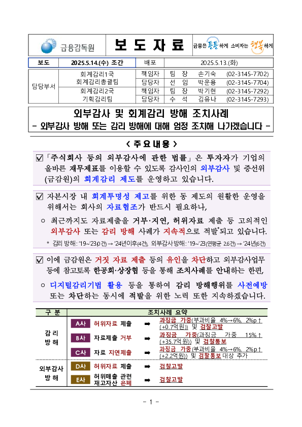 외부감사 및 회계감리 방해 조치사례 PC 본문 이미지 1