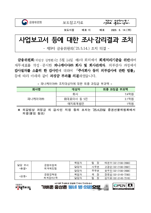사업보고서 등에 대한 조사,감리결과 조치 - 제9차 금융위원회('25.5.14.) 조치 의결 - PC 본문 이미지 1