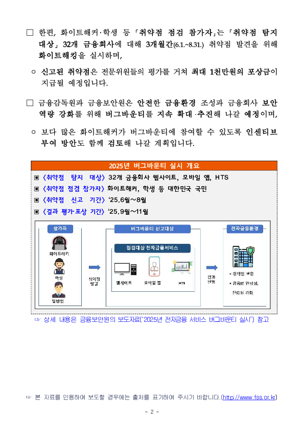 금융회사 자율시정 및 보안역량 강화를 위한 2025년 보안취약점 신고포상제(「버그바운티」) 실시 PC 본문 이미지 2