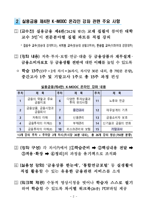 금융감독원, 청년층 등 성인 금융역량 강화를 위해 대학 실용금융 강좌 온라인(K-MOOC) 개설 PC 본문 이미지 2