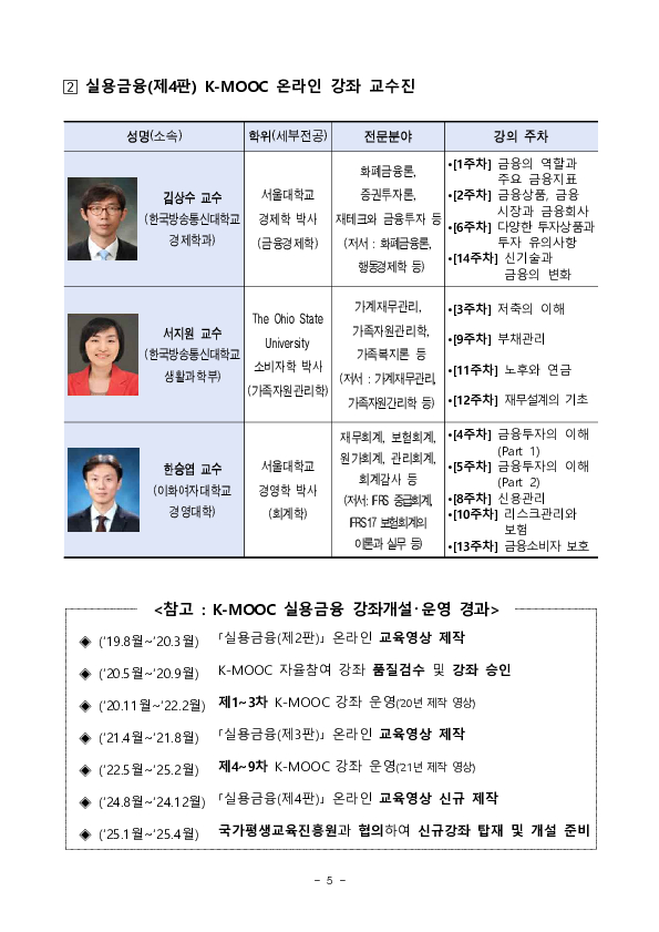 금융감독원, 청년층 등 성인 금융역량 강화를 위해 대학 실용금융 강좌 온라인(K-MOOC) 개설 이미지 5