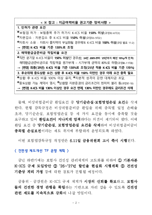 보험업감독규정 주요 개정사항 및 보험업권 건전성 T/F 운영계획 이미지 2
