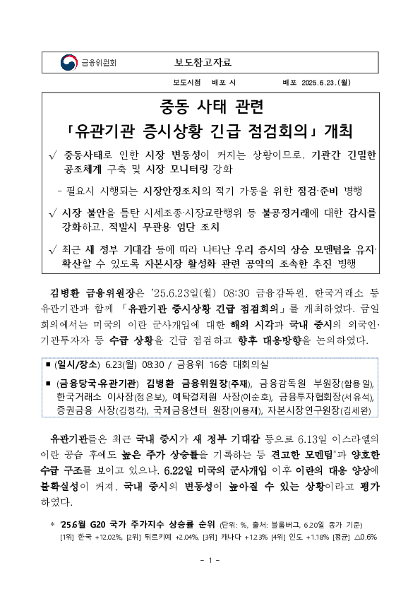 중동 사태 관련 유관기관 증시상황 긴급 점검회의 개최 이미지 1
