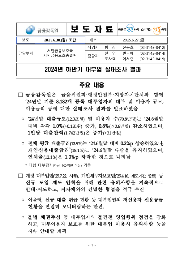 2024년 하반기 대부업 실태조사 결과 이미지 1