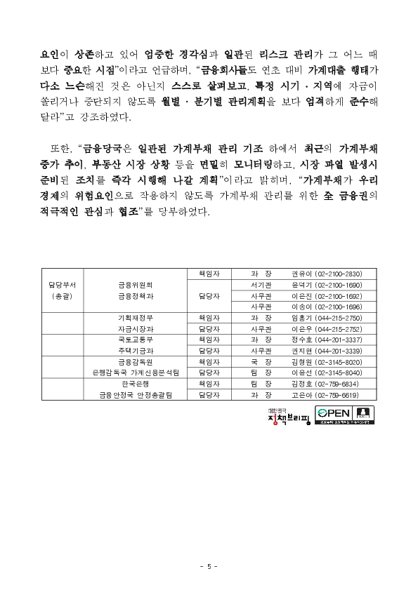 5월중 가계대출 동향(잠정) 및 「가계부채 점검회의」 개최 이미지 5