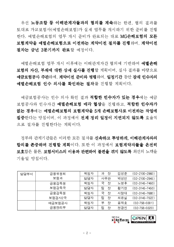 MG손보 정리를 위한 가교보험사(가칭 예별손해보험) 보험업 조건부 허가 의결 이미지 2