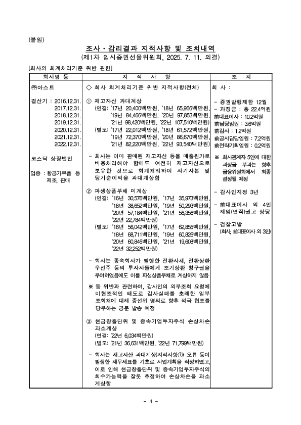 사업보고서 등에 대한 조사·감리결과 조치 이미지 4