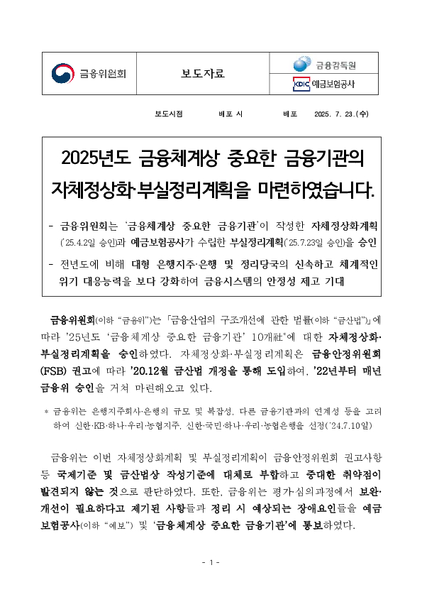2025년도 금융체계상 중요한 금융기관의 자체정상화,부실정리계획을 마련하였습니다. PC 본문 이미지 1