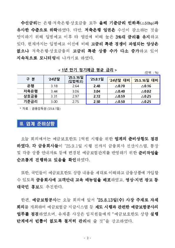 예금보호한도 상향 시행('25.9.1일) 준비상황을 점검하였습니다 이미지 3