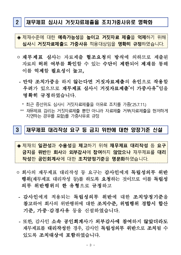 「외부감사 및 회계 등에 관한 규정 시행세칙」상 감리결과 조치양정기준 등을 일부 개정하였습니다 이미지 3