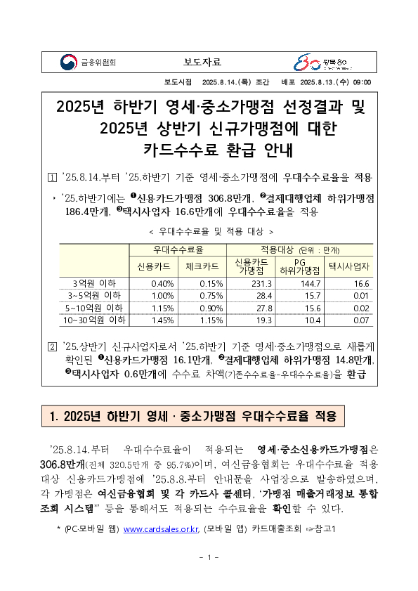 2025년 하반기 영세,중소가맹점 선정결과 및 2025년 상반기 신규가맹점에 대한 카드수수료 환급 안내 PC 본문 이미지 1
