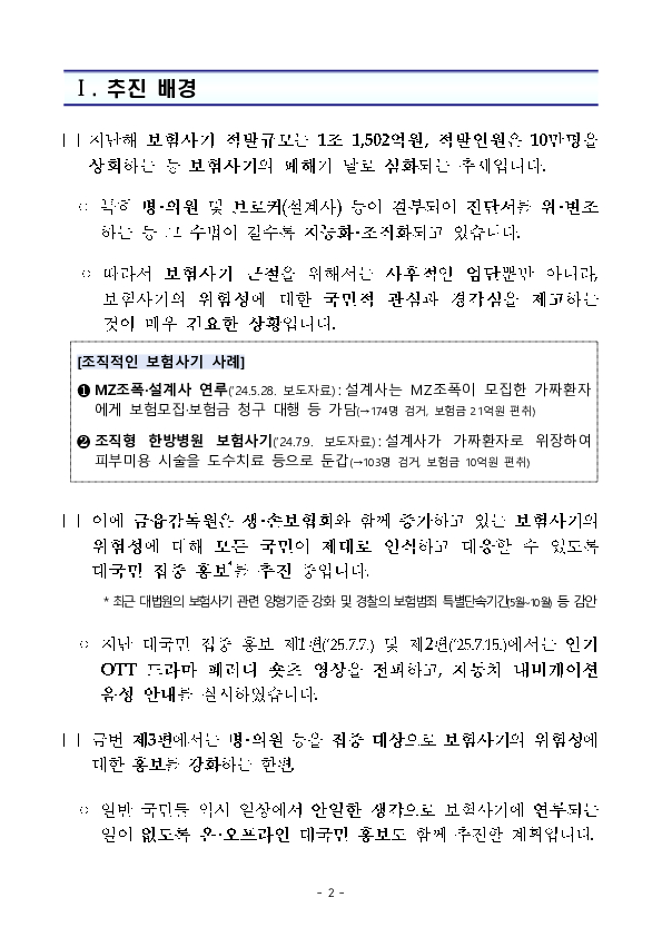 조직적인 보험사기 근절을 위해 병,의원 등을 대상으로 온,오프라인 홍보를 추진합니다. PC 본문 이미지 2