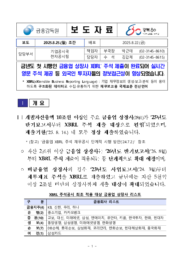 금년도 첫 시행인 금융업 상장사 XBRL 주석 제출이 완료되어 실시간 영문 주석 제공 등 외국인 투자자들의 정보접근성이 향상되었습니다 이미지 1