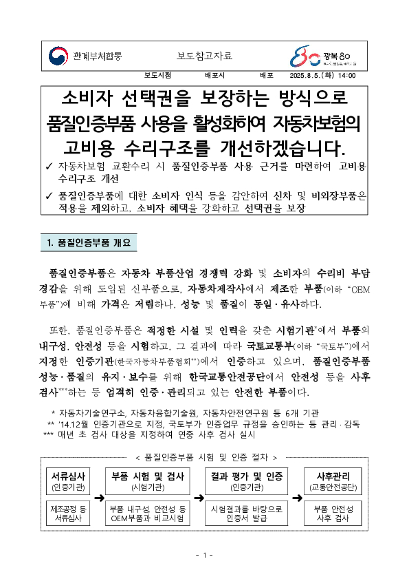 소비자 선택권을 보장하는 방식으로 품질인증부품 사용을 활성화하여 자동차보험의 고비용 수리구조를 개선하겠습니다 PC 본문 이미지 1