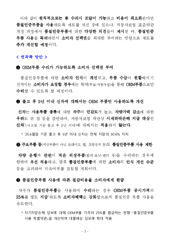 소비자 선택권을 보장하는 방식으로 품질인증부품 사용을 활성화하여 자동차보험의 고비용 수리구조를 개선하겠습니다 이미지 3