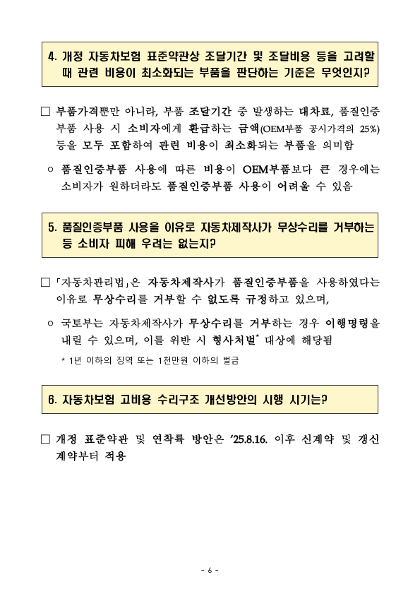 소비자 선택권을 보장하는 방식으로 품질인증부품 사용을 활성화하여 자동차보험의 고비용 수리구조를 개선하겠습니다 이미지 6